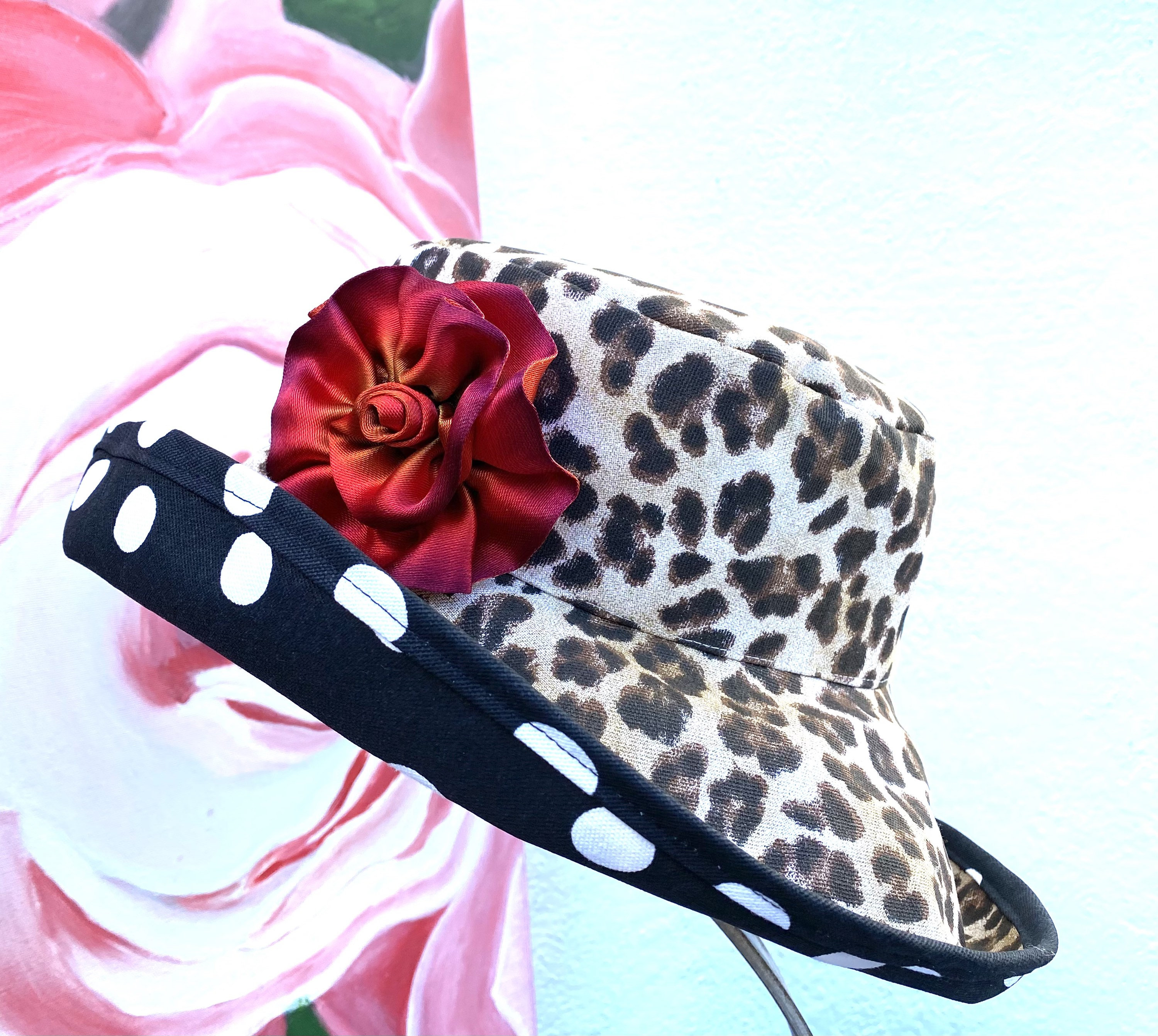 Leopard Print Women\'s Hat with Sunflower Accent Unique sunflower leopard print hat design main image 3