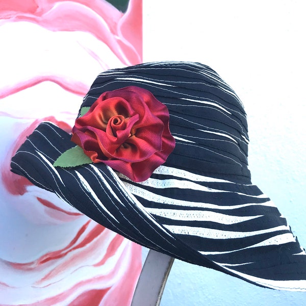 Sun Hat for Women, Black Floppy Hat w/ Adjustable Band, Great for Travel, Hike, Beach, Womens Hats And Caps, Flower Pin, pattyandcompany™