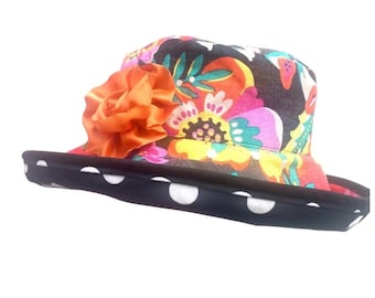 Reversible Floppy Sun Hat: Floral Print, Polka Dot Brim