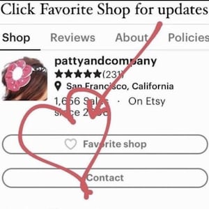 Puede incluir: Listado de tienda Etsy para pattyandcompany, una tienda con sede en San Francisco, California, con m&aacute;s de 1.656 ventas. La tienda tiene una calificaci&oacute;n de 5 estrellas con 231 rese&ntilde;as. El logotipo de la tienda es una flor rosa con un centro blanco. El nombre de la tienda est&aacute; escrito en rosa. La ubicaci&oacute;n de la tienda est&aacute; escrita en negro. El conteo de ventas de la tienda est&aacute; escrito en negro. La calificaci&oacute;n de la tienda est&aacute; escrita en negro. El conteo de rese&ntilde;as de la tienda est&aacute; escrito en negro. La descripci&oacute;n de la tienda est&aacute; escrita en negro. El sitio web de la tienda est&aacute; escrito en negro. La informaci&oacute;n de contacto de la tienda est&aacute; escrita en negro. El bot&oacute;n de tienda favorita de la tienda est&aacute; escrito en negro. El bot&oacute;n de contacto de la tienda est&aacute; escrito en negro.