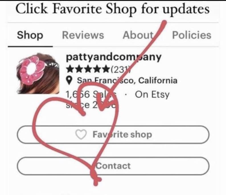 Puede incluir: Listado de tienda Etsy para pattyandcompany, una tienda con sede en San Francisco, California, con m&aacute;s de 1.656 ventas. La tienda tiene una calificaci&oacute;n de 5 estrellas con 231 rese&ntilde;as. El logotipo de la tienda es una flor rosa con un centro blanco. El nombre de la tienda est&aacute; escrito en rosa. La ubicaci&oacute;n de la tienda est&aacute; escrita en negro. El conteo de ventas de la tienda est&aacute; escrito en negro. La calificaci&oacute;n de la tienda est&aacute; escrita en negro. El conteo de rese&ntilde;as de la tienda est&aacute; escrito en negro. La descripci&oacute;n de la tienda est&aacute; escrita en negro. El sitio web de la tienda est&aacute; escrito en negro. La informaci&oacute;n de contacto de la tienda est&aacute; escrita en negro. El bot&oacute;n de tienda favorita de la tienda est&aacute; escrito en negro. El bot&oacute;n de contacto de la tienda est&aacute; escrito en negro.