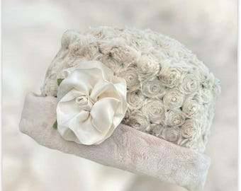 Creamy Beige Cloche Hat, Rosette Pin, Reversible Winter Hat