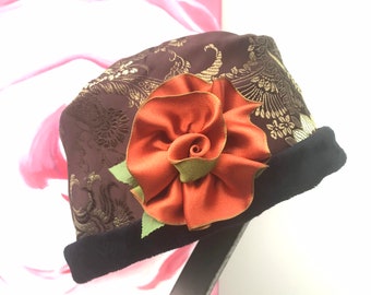 Reversible Winter Hat: Brocade Asian Motif with Ribbon Rose