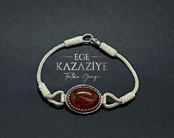 Handcrafted Brown Aqeeq Silver Bracelet for Women, Artisan Jewelry with Brown Stone Design, Handknitted Women's Chain