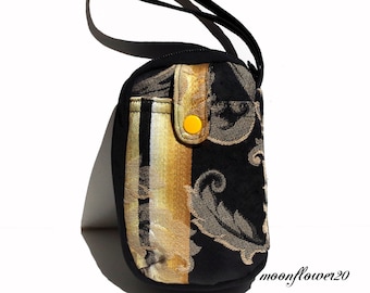 Black and Gold Damask Zip Around Carryall Wristlet Bag - Zipper Wallet - iPod Bag - Small Camera bag