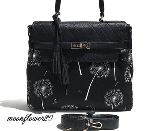 Black and White Dandelion Wishes Bag With Genuine Quilted Leather Accents and Double Tassels