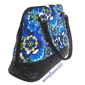 Blue Flower Power Quilted Dome Bag With Adjustable Shoulder Strap and Faux Leather Contrast