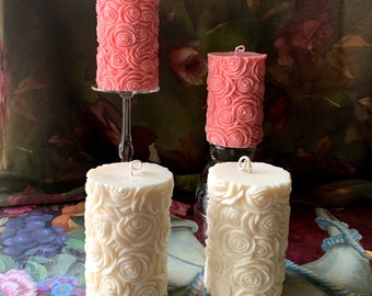 Scented Rose Soy Pillar Candle (1 piece) - Soy Rose Pillar Candle - Handmade Decorative Soy Wax Floral Candle