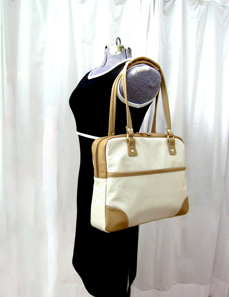 Genuine Leather Tan and Beige Leather Bag With Double Zipper Closures image 5