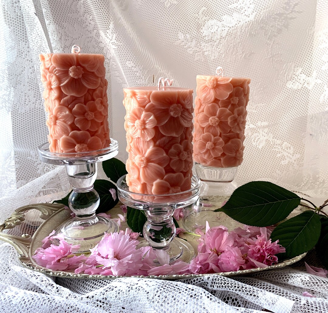 Cherry Blossom Pillar Candles in Soft Peach Color Unscented Handcrafted Flower Pillar Candles