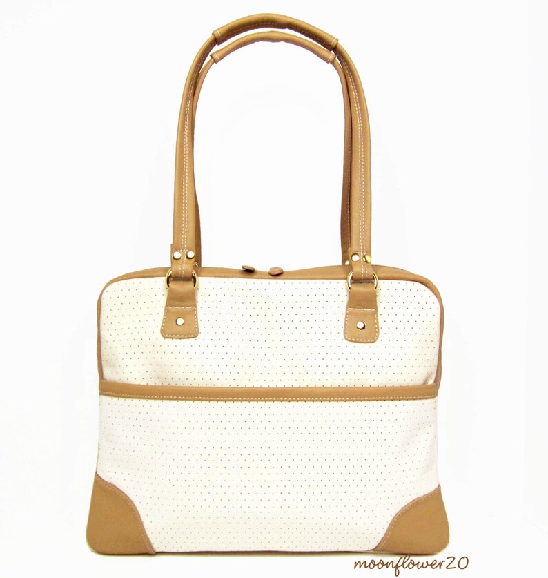 Genuine Leather Tan and Beige Leather Bag With Double Zipper Closures image 1