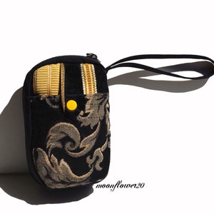 Black and Gold Dragonfly Damask Zip Around Carryall Wristlet Bag - Wallet - iPod Bag - Small Camera bag