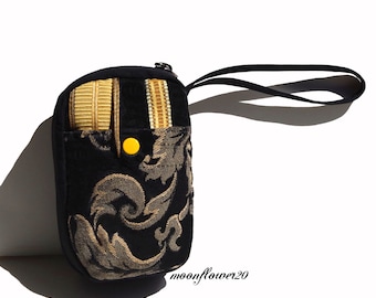 Black and Gold Dragonfly Damask Zip Around Carryall Wristlet Bag - Wallet - iPod Bag - Small Camera bag