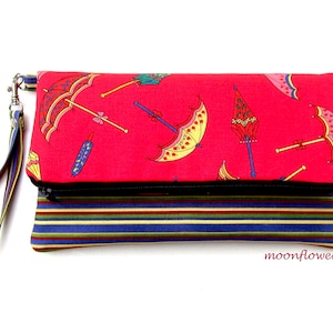 Red Umbrella and Stripe Foldover Clutch/Wristlet With Double Zipper Pockets for iPhone