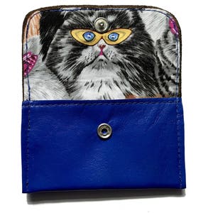 Tarjetero de piel de cordero auténtica de color azul índigo con forro de tela con diseño de gato - Tarjetero - Tarjetero de identificación - Tarjetero de regalo -