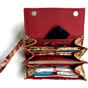 Cartera grande de terciopelo burdeos con correa extraíble - Cartera de pulsera - Cartera de mano - Funda para iPhone y muchos otros tamaños de teléfono