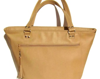 Tan Leather Tote Bag With Top Zipper Closure