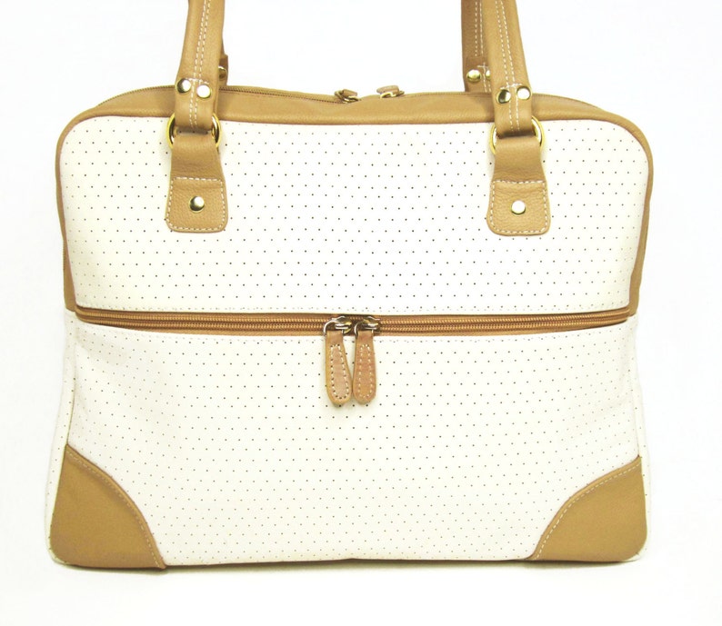 Genuine Leather Tan and Beige Leather Bag With Double Zipper Closures image 2