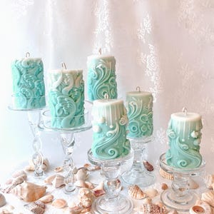 Soft Turquoise Ocean Wave Soy Pillar Candle (1) – Ocean Mist Scent