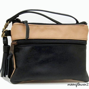 Cartera de mano de piel color tostado y negro: bolso de mano con correa extraíble, borla y bolsillo frontal con cremallera adicional para iPhone - Funda para teléfono móvil
