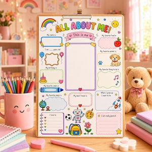 Può includere: Una cartellina con un foglio di lavoro colorato 'All About Me' con sezioni per i dettagli personali, una cornice centrale per foto e illustrazioni di un arcobaleno, un cucciolo, un robot e un razzo. La pagina include suggerimenti come 'My name is' circondati da varie icone decorative.