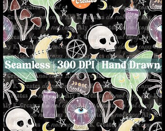 May include: A seamless pattern featuring a variety of mystical and occult imagery, including a crescent moon, a pentagram, a skull, a crystal ball with an eye, a candle, a moth, mushrooms, and stars on a black background. The text "DOIC Goodbye" is featured on a black and white Ouija board.