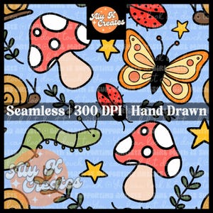 May include: A seamless pattern featuring hand-drawn illustrations of mushrooms, ladybugs, butterflies, caterpillars, snails, and stars on a light blue background. The pattern is perfect for use in crafting, scrapbooking, and other creative projects.