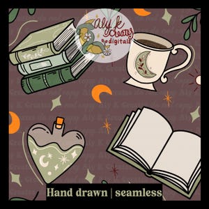 May include: A seamless pattern featuring a hand-drawn illustration of a stack of books, a cup of coffee, a potion bottle in the shape of a heart, and an open book. The pattern is set on a dark purple background with stars, moons, and leaves.