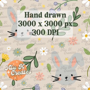 May include: A repeating pattern with bunny faces, flowers, and leaves in pastel shades. The design includes the text "Hand drawn 3000 x 3000 px 300 DPI" and the logo "Aly K Creates". Ideal for crafting and design projects.
