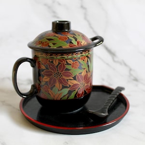 Conjunto de xícaras de chá japonesas: caneca de cerâmica floral com tampa e colher, feito no Japão, presentes