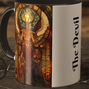 Taza de Tarot del Diablo de 11 oz: diseño colorido de cartas del tarot, taza de café adivinatoria, regalo gótico oculto para brujas y amantes del tarot