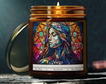 Maagd kaars 9oz - gepersonaliseerde sterrenbeeldkaars, geurkaars, uniek verjaardagscadeau, handgemaakte pot kaars, cadeau maagd horoscoop