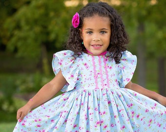 Girls Blue EASTER Dress for Girls, Toddler Baby Infant, Floral Dress, Flutter Sleeves,  6 months to 10 yrs