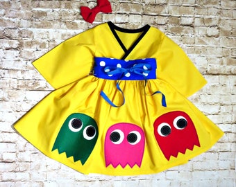 Pac Man Costume - Cosplay - Toddler Halloween - Pac Man Ghost - Ms Pacman - Kids Costume - Yellow Dress  -  2t to 14 yrs