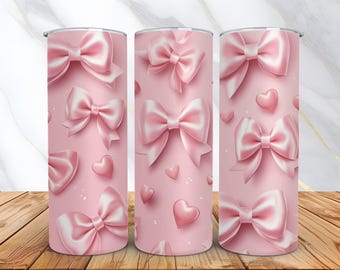 Coquette Tumbler Wrap - Coquette Sublimation - 20 oz Skinny Tumbler wrap - 3D Coquette PNG pink bows -  Girly Ribbon Aesthetic