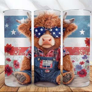 Patriotic Highland Cow Tumbler Wrap -4th of July PNG -20oz Skinny Tumbler Sublimation Design -God Bless America PNG -Digital Download