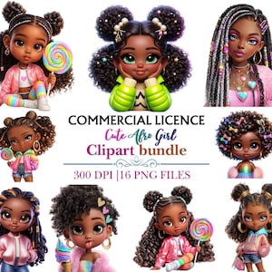 Puede incluir: Un conjunto de ilustraciones digitales con lindas chicas afro. Cada chica se representa con rasgos detallados, vistiendo atuendos elegantes y sosteniendo accesorios como piruletas y conos de helado. La imagen incluye texto: "COMMERCIAL LICENCE Cute Afro Girl Clipart bundle 300 DPI | 16 PNG FILES."