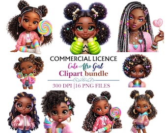 16 Afro Girl Clipart Bundle -Cute Black Girl PNG Set -Fashion & Denim Chibi Girl Graphics -Digital Download