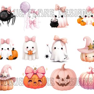 May include: A selection of Halloween illustrations with adorable ghosts, pumpkins, and a spider, each decorated with pink bows. The pumpkins have smiling faces and some wear witch hats. The text "BLUE FLARE DESIGNS" is visible.