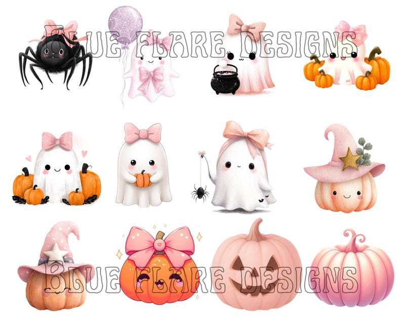 May include: A selection of Halloween illustrations with adorable ghosts, pumpkins, and a spider, each decorated with pink bows. The pumpkins have smiling faces and some wear witch hats. The text "BLUE FLARE DESIGNS" is visible.