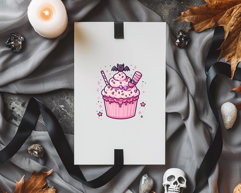 May include: A white card featuring a pink cupcake illustration. The cupcake has pink frosting, sprinkles, and a bat on top. The card rests on grey fabric with a black ribbon, a candle, and decorative items.