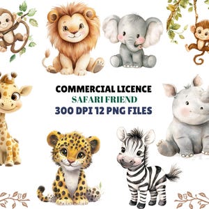 12 imágenes prediseñadas de animales de safari, león, jirafa, arte infantil, imágenes prediseñadas de animales de la jungla, lindo animal de acuarela, animales de la jungla, descarga digital
