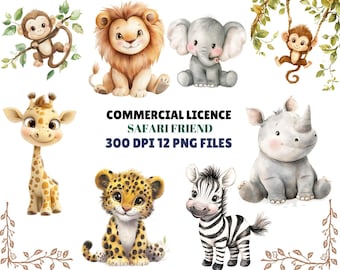 12 Safari Animals Clipart, Lion, Giraffe, Nursery Art, Jungle Animals Clipart, Cute Watercolor Animal, Jungle Animals, Digital Download