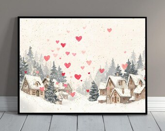 Valentines Day Print -Romantic Wall Art -Vintage Winter Village Valentines Day Decor -Printable Digital Download