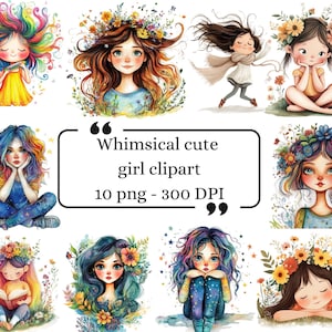 Quirky Girl Whimsical Clipart Bundle di 10 PNG Uso commerciale Clipart acquerello Fantasy Junk Journal Download digitale istantaneo