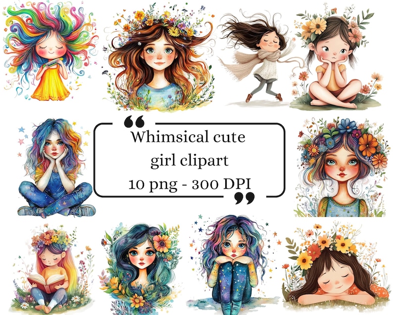 Quirky Girl Whimsical Clipart Bundle of 10 Pngs Commercial Use ...