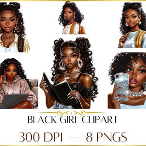 Imágenes prediseñadas de chica negra, paquete de imágenes prediseñadas de chica de moda, arte de mujer negra, imágenes prediseñadas de chica jefa, PNG de chica negra, descarga digital instantánea