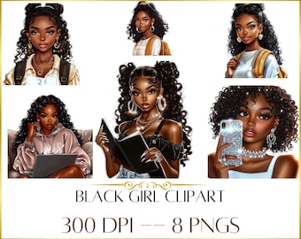 Black Girl Clipart, Fashion Girl Clipart Bundle, Black Woman Art, Boss Girl Clipart, Black Girl PNG, Instant Digital Download