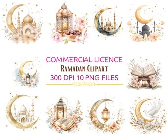 May include: A set of 10 digital clipart images featuring Ramadan themes. The images include crescent moons, mosques, lanterns, and other Islamic symbols. The images are in a watercolor style and are perfect for use in digital scrapbooking, card making, and other creative projects.