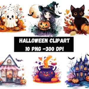 Halloween PNG Bundle, Haunted House Halloween Clipart, Cute Ghost PNG, Witch Hat Kawaii Clipart, Black Cat, Pumpkin PNG, Witch Clipart